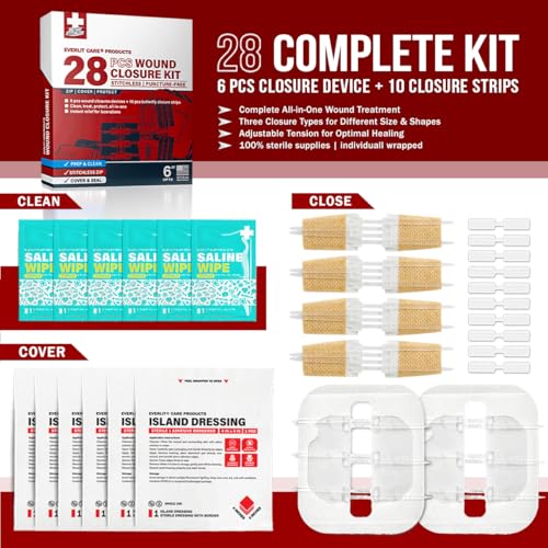 EVERLIT CARE Wound Closure Kit | 28 Pcs All-in-One First Aid with Suture-Free, Stitchless Zip Devices, Butterfly Bandages,...