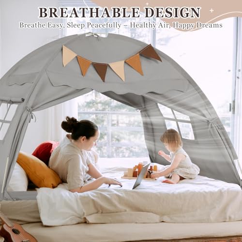Twin Size Bed Tent Canopy, Kids Play Tent with Flags & Star Lights, Canopy on Bed Privacy Space Sleeping Blackout Tents, G...