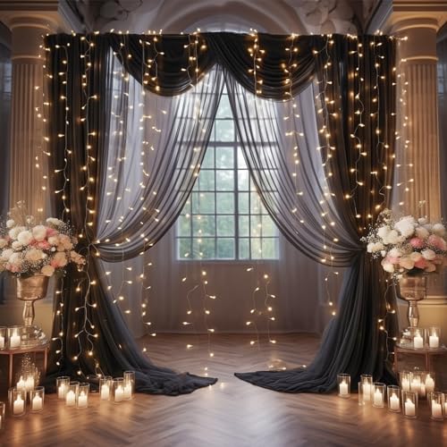 10x10ft Black Tulle Backdrop Curtain with Lights String for Parites, Sheer Photo Backdrop Curtains with Lights for Wedding...