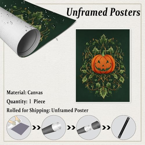 Embroidered Pumpkin Wall Art – Halloween Jack-o'-Lantern with Vines on Green Fabric Texture, Gothic Vintage Textile Style Canvas Print for Living Room-16x20Inch Ready to Hang(Unframed)