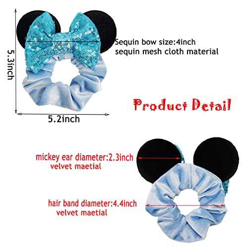 6 Pack Mouse Ears Scrunchies Velvet Sparkle Sequin Mouse Bows Hair Scrunchies Hair Ties Elastic Rubber Bands Ponytail Holders for Kids Women Girls Christmas Party Decoration