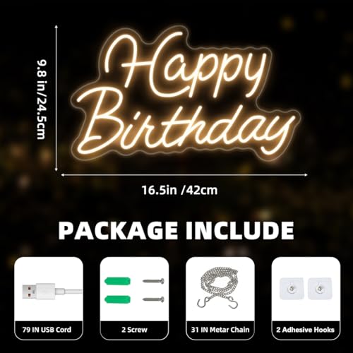 Happy Birthday Neon Sign for Wall Decor,Led Happy Birthday Neon Light Sign,USB Powered Dimmable Light Up Sign for Birthday...