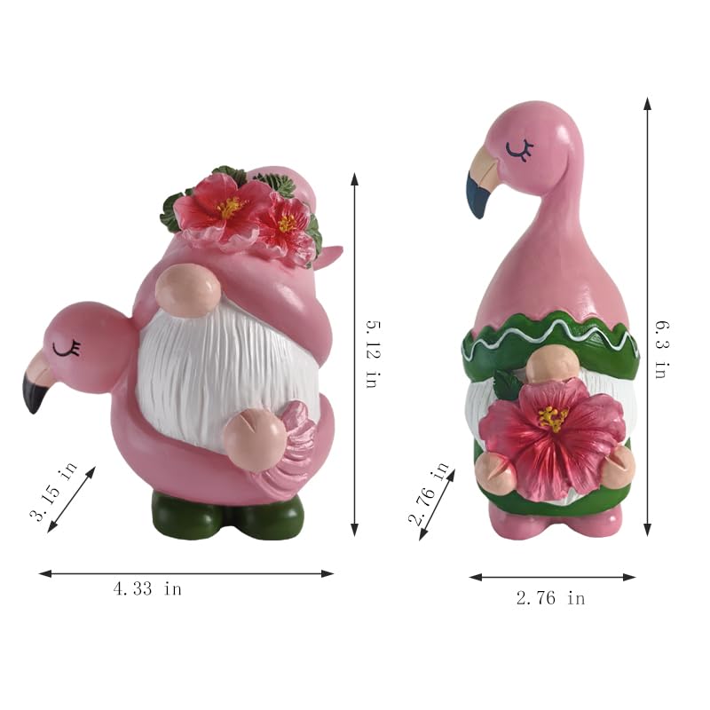 KIDDCW Summer Flamingo Gnome with Flower Figurines 2 Pcs, Resin Pink Bird Sculpture Beach Tropical Decor for Garden Patio Yard Lawn Porch
