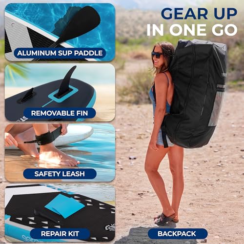 SereneLife Inflatable LED Lighted Stand Up Paddle Board 10’6” - Stable 32” Wide SUP with Non-Slip EVA Deck, Complete Paddl...