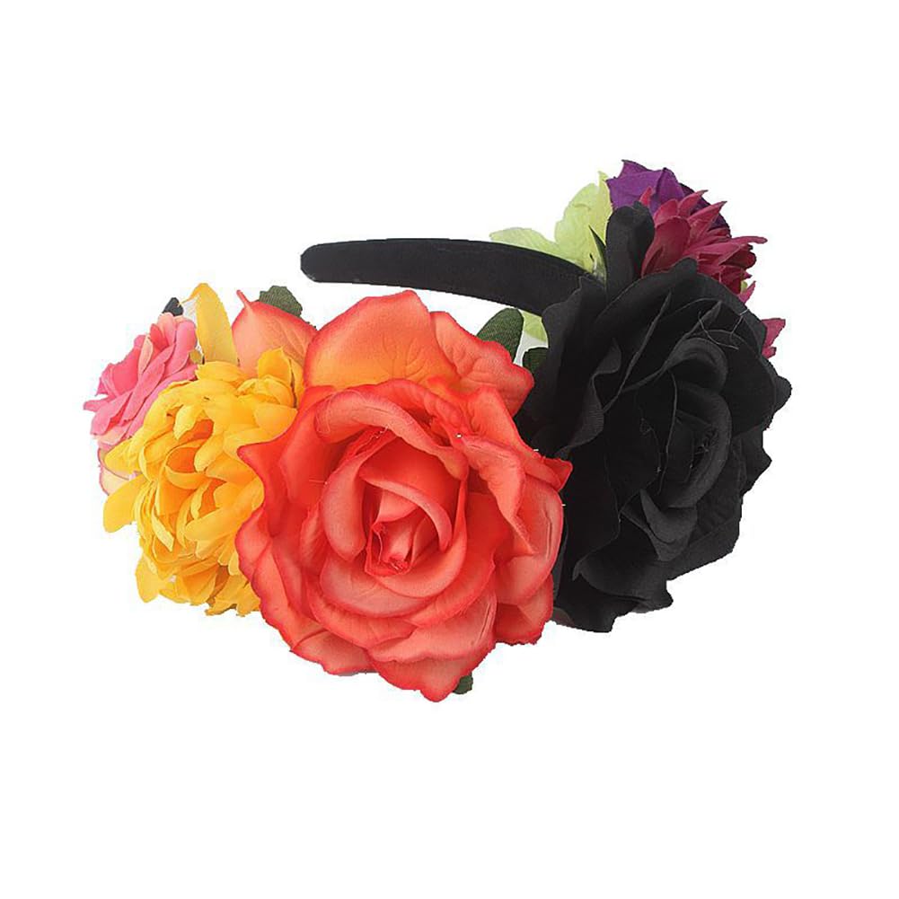 Lofruiin Women's Bohemian Rose Flower Crown Mexican Day of The Dead Headband Halloween Party Costume Headpiece (Orange Black, Fr