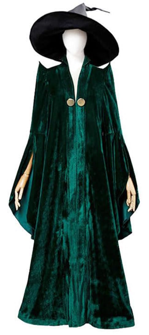 Howenlthy Womens Professor Mcgonagall Costume Green Robe Wizard Cloak Cap Glasses Suit Witch Cosplay Halloween Outfit (Green Full Set, Large)