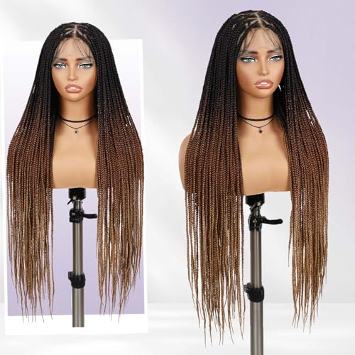 360 Full Lace Knotless Box Braided Wig, Long Black Synthetic Hair, Triangle Lace Front (Ombre Brown Blonde, 34 inches)