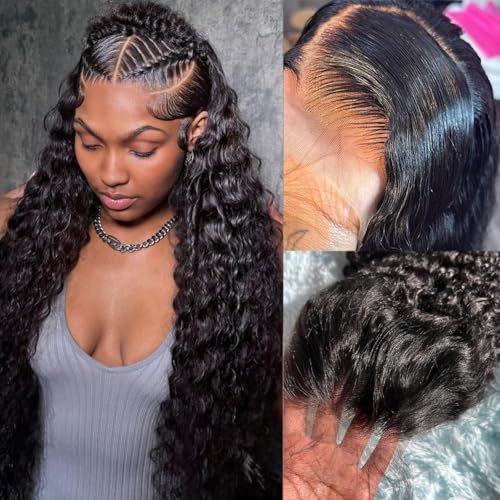 30 Inch Deep Wave Lace Front Wigs Human Hair 13x4 HD Transparent Deep Curly Lace Frontal Wigs Human Hair Glueless Wig pre Plucked 200% Density Natural Color