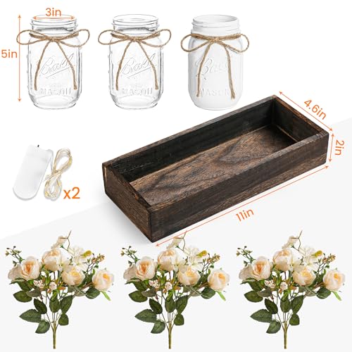 DUOER 3 Pcs Mason Jar Centerpiece Table Decorations for Dining Table Decor Farmhouse Coffee Table Decor with Wood Tray and...