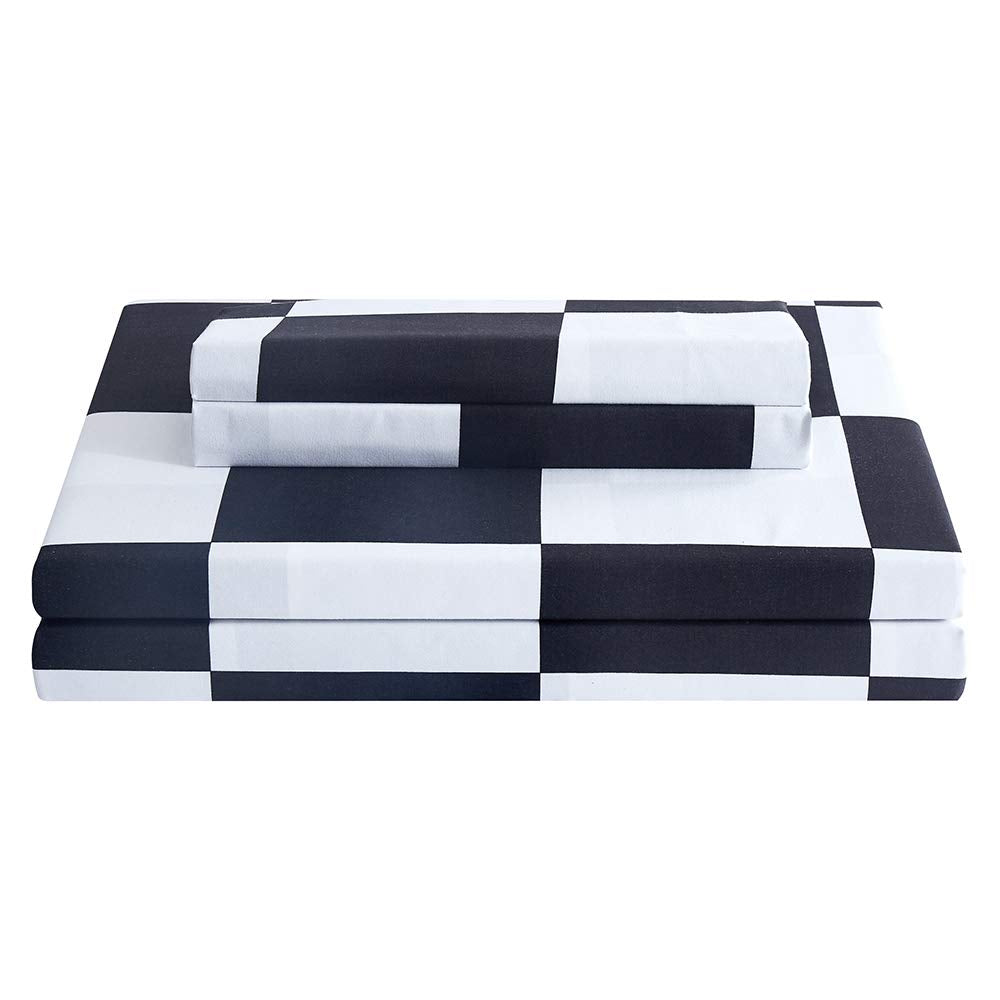 Bed Sheet Set 3 Pieces -Twin Size-Soft Durable Microfiber Bedding Sheet Set,Deep Pocket,Stain,Fade & Wrinkle Resistant (Plaid Black&White)