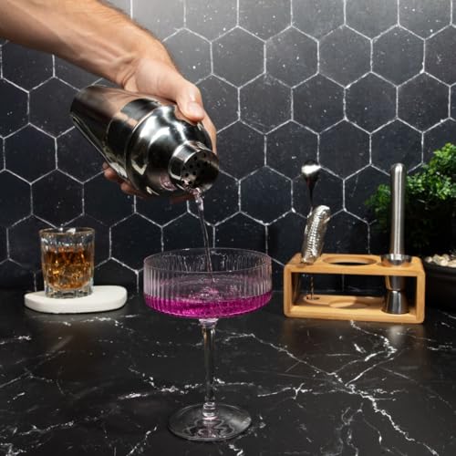 Premium Cocktail Shaker Set with Bamboo Stand, 4-Piece Bar Tools Kit, Stainless Steel Bartender Set with Shaker, Jigger, M...