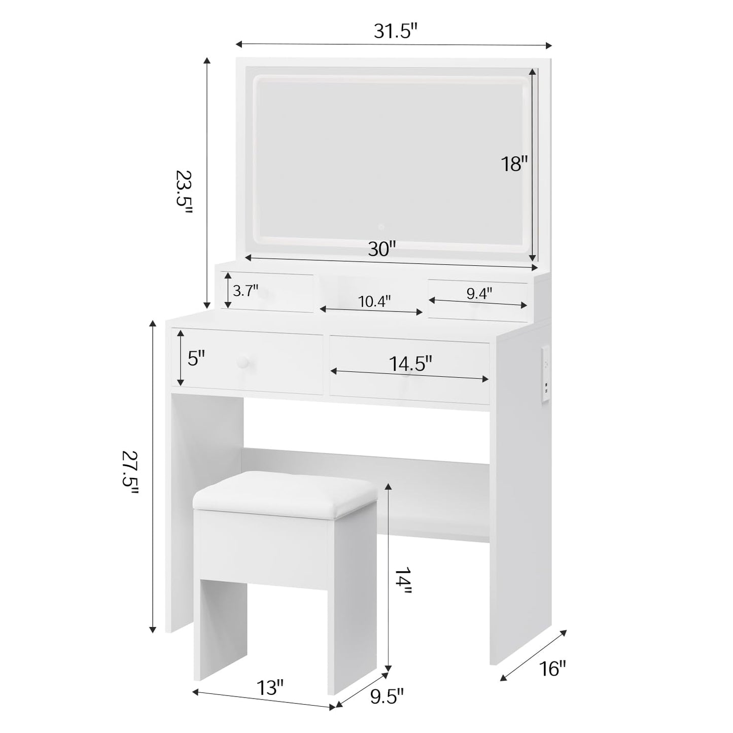 Haewon White Makeup Vanity with Lighted Mirror and Charging Station, Vanity Table Set with Adjustable Lighting, 4 Drawers, Storage Chair for Bedroom