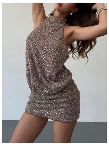 MakeMeChic Women's Sequin Halter Dress Open Back Sparkly Bodycon Party Mini Dresses