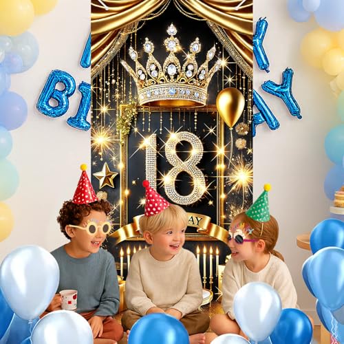 HOMETITUTE 18th Birthday Door Cover 71x35 Inch Royal Gold Birthday Banner for Party Decorations Crown Cake Gift Backdrop S...