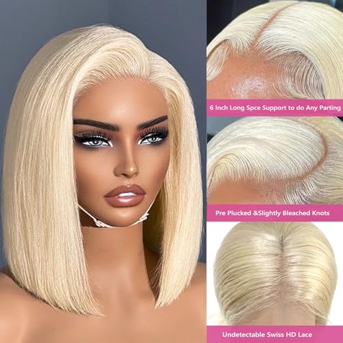 Ubetta White Blonde Lace Front Bob Wig Human Hair, Platinum Blonde 13x6 Lace Front Wigs Human Hair Pre Plucked White Blond Bob Wigs for Women 14 Inch 180% Density Bleachd Knots Swiss HD Lace