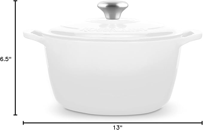 Signature Enameled Cast Iron Dutch Oven, Non-Stick Serving Pot with Tight Fitting Lid for Perfect Roasting, Baking, Sauteing, and Bread Making | 13.5Q (12.7L) - White