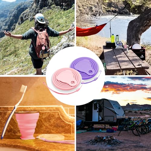 Litoexpe 2 Pack Silicone Collapsible Travel Cup Portable Folding Camping Cup Sets with Lids, Pink & Purple, Capacity 9.22o...