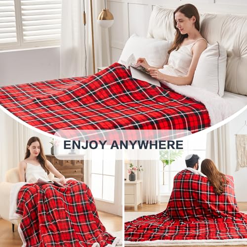 OCTROT Sherpa Fleece Blanket,Checkered Red Throw Blanket for Women Mom Girls Grandma Dad, Soft Winter Warm Plaid Thick Bla...
