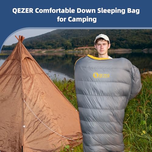 QEZER Down Sleeping Bag for Adults 620 Fill Power 0 Degree Sleeping Bag Cold Weather Ultralight with Pouch for Backpackin...