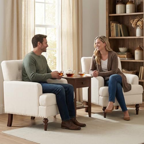 MALOL Upholstered Accent Chair with Thick Cushion, High Back Reading Chair, Linen Blend Armchair with Solid Rubberwood Leg...