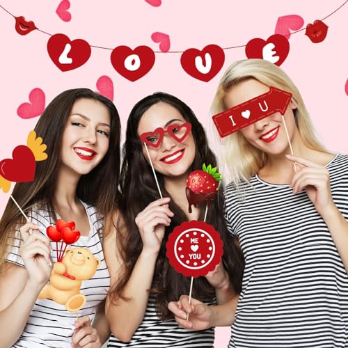 Leesgel 42 Pieces Valentine Photo Booth Props, Valentines Wedding Photo Booth Prop with Sticks and Banner, Red Heart Party...