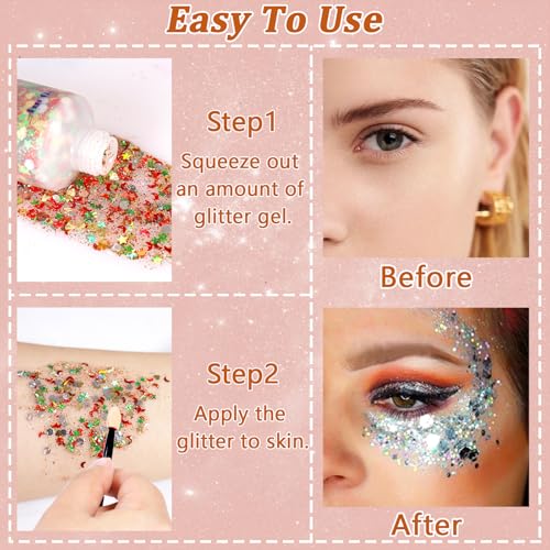 Boko 50ML Body Glitter Gel, Red Chunky Glitter Gel for Face Hair Body Love Heart Makeup, Mermaid Face Glitter Sequins for ...