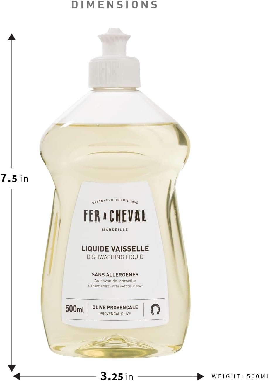 Fer à Cheval Dishwashing Liquid Bottle Provencal Olive Savon De Marseille Dish Detergent Liquid, Olive Oil Based from France, 500ml/16.9 fl oz