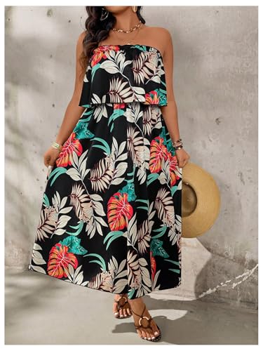 Verdusa Women's Plus Size Tropical Strapless Tube Dress Ruffle Layered Maxi Dresses