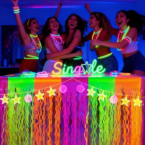 PIGETALE Glow in The Dark Party Supplies, 2 Pack Neon Fluorescent Wavy Metallic Tinsel Foil Fringe Table Skirts, 29.5x108 ...