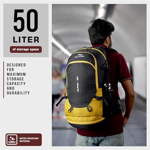 TRAWOC ALPHA 50 Litre Travel Backpack Water Resistant Daypack Bag for Cycling Trekking Hiking Camping for Men & Women, Yellow