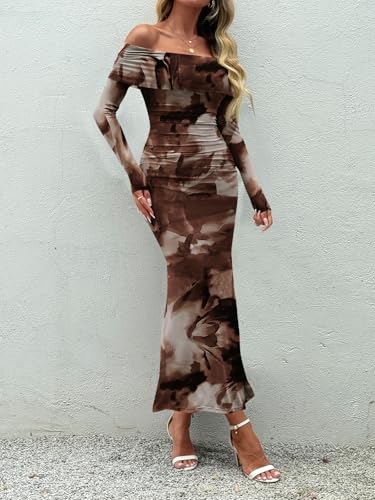 LILLUSORY Off The Shoulder Bodycon Floral Dress 2026 Fall Long Sleeve Maxi Wedding Guest Cocktail Going Out Club Dresses