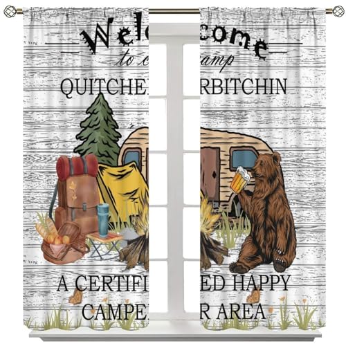 Fblifil Funny Camper Curtain,Bear Drink Beer Camping Trailer Tent Campfire in Forest Woodland Welcome to Camp Quote Window...