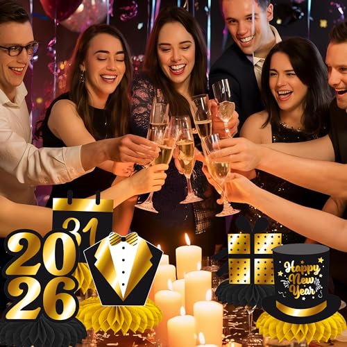 Happy New Year Honeycomb Centerpieces 2026 New Year's Eve Table Decorations 12Pcs New Year Theme Party Supplies Black and ...