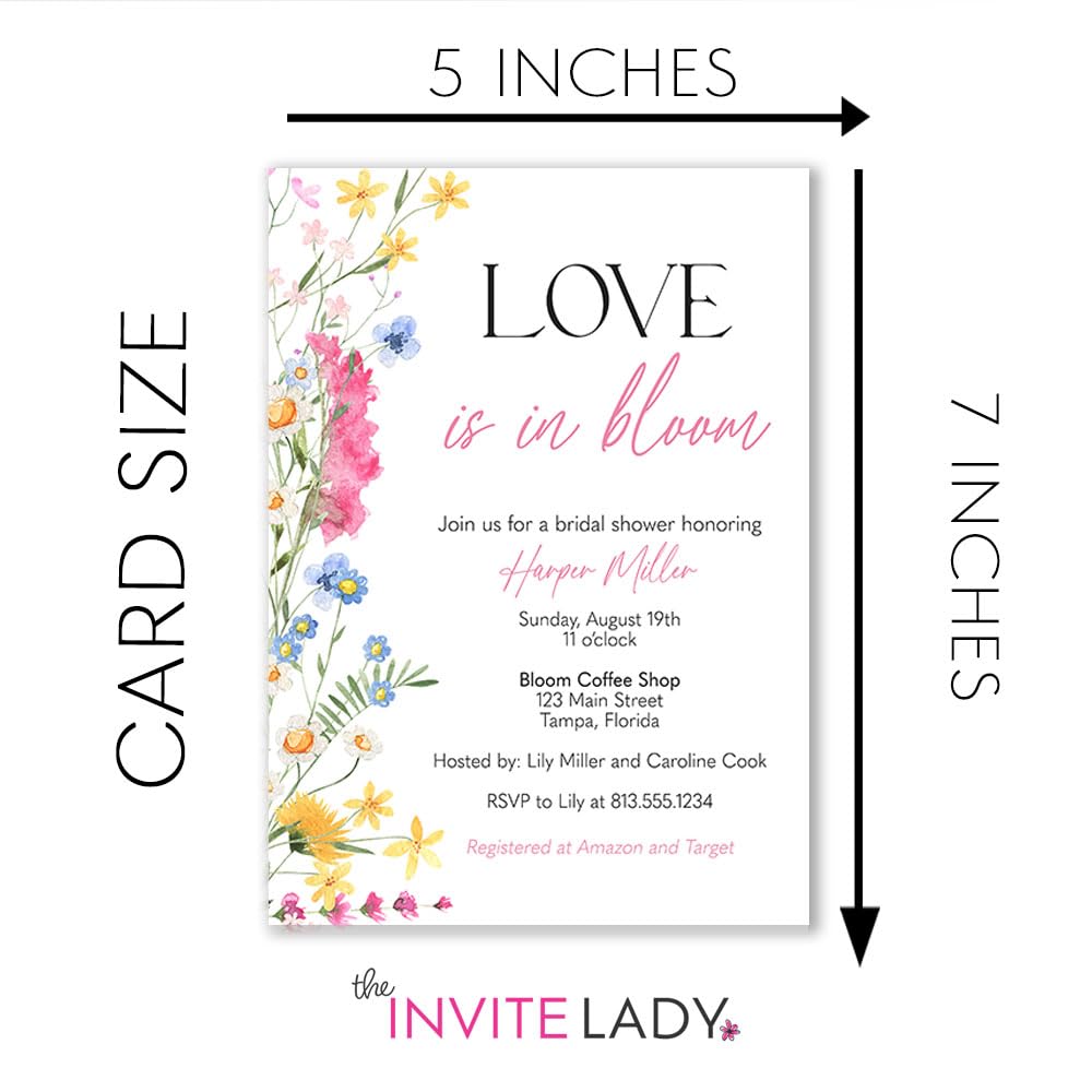 Love Is In Bloom Bridal Shower Invitations With Envelopes Customizable Personalized Invites (12 count)