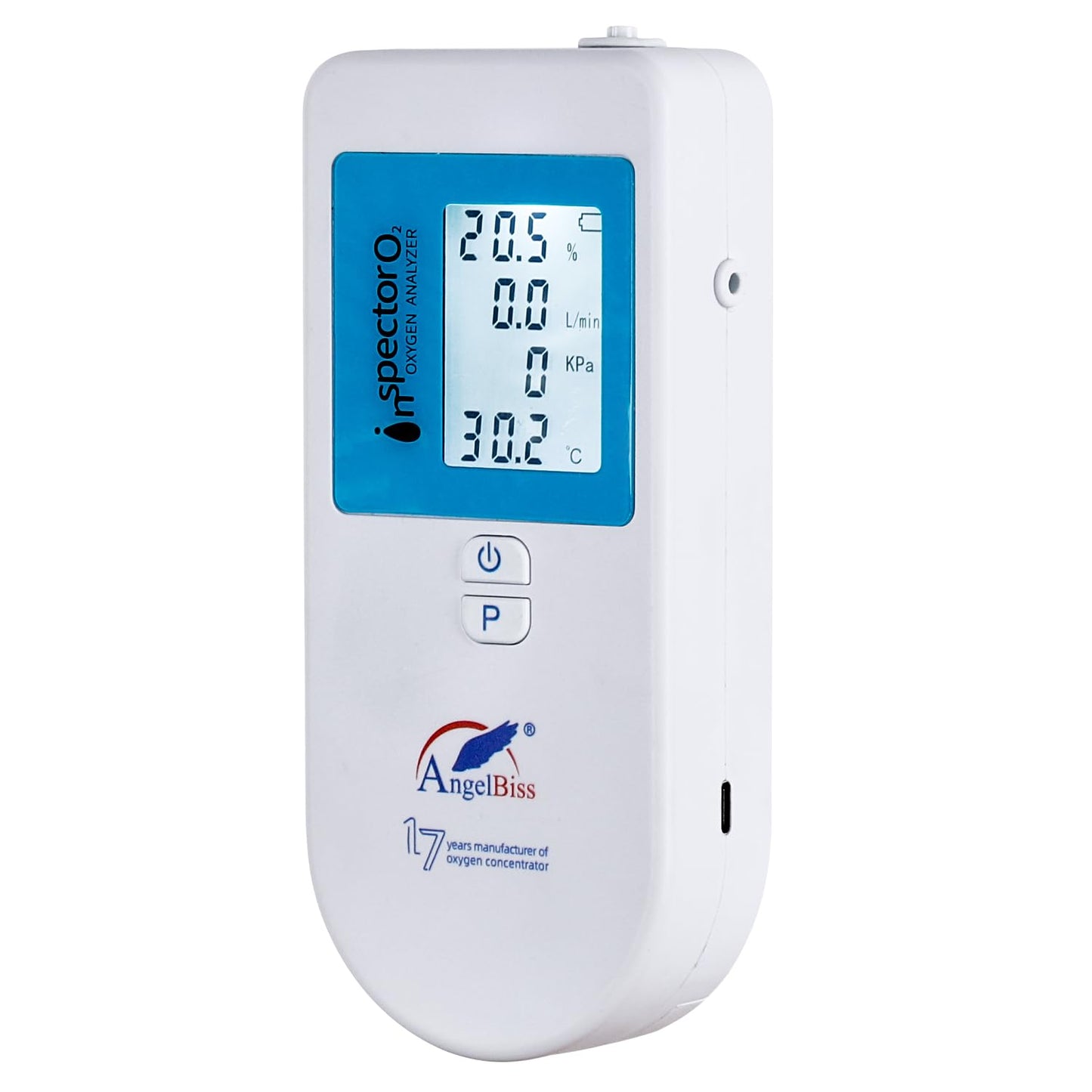 Oxygen Analyzer 4-in-1 Handheld Gas Purity & Flow Tester with LCD Display, Measures O₂ Concentration, Flow Rate (LPM), Pressure (PSI/kPa) & Temperature – Rechargeable Battery Powered