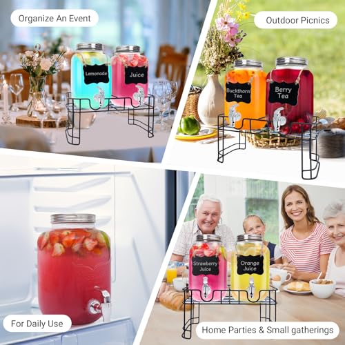 2PCS 1 Gallon Glass Drink Dispensers for Parties, Beverage Dispenser with Stand and Spigot, Used as Lemonade Dispenser Dri...