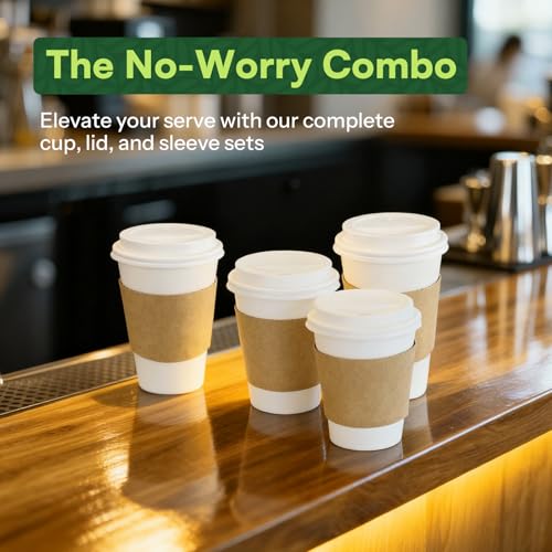Paper Coffee Cups with Lids & Sleeves 16 oz Hot Cups, 20 Pack To Go Cups with Lids & Sleeves, BPA Free Unbleached Thickene...