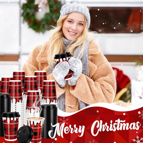 POTPTPT 100 Pieces Christmas Disposable Coffee Cups with Lids and Straws 12 oz Christmas Disposable Paper Cups Red Black P...