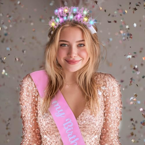 Uranian Light Up Birthday Headbands and Sash Led Rhinestone Crowns Birthday Hairbands Party Favor Hair Accessories for Women