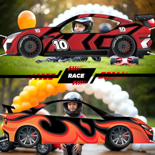 2PCS Race Cars Photo Booth Props Large Fabric Race Car Party Decorations Banner Sign Car Shaped Photo Prop Racing Themed S...