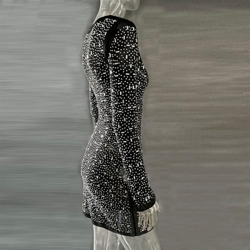 ODIZLI Short Dress for Women Sheer Mesh Long Sleeve Square Neck Rhinestones Semi See-Through Bodycon Mini Party Dresses