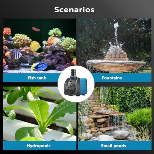 TONGCHANT 480GPH Adjustable Flow Fountain Pump with 3 Nozzles (1/2", 5/8", 3/4"), 10ft High Lift, 35W Ultra-Quiet Submersi...