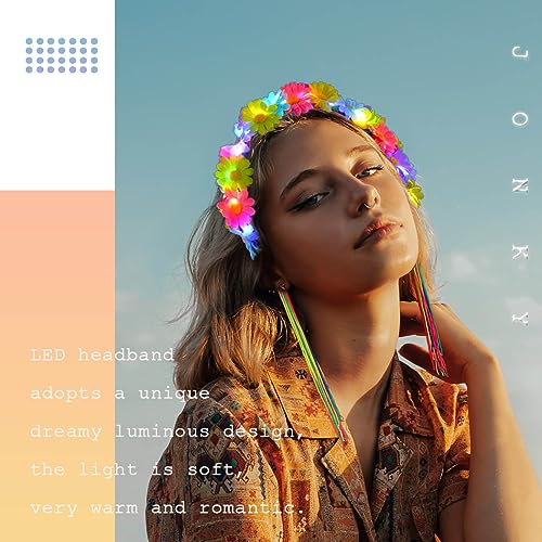 JONKY Light Up Daisy Headband Rainbow Hippie Flower LED Headbands Tassel Floral Headpiece Rave Hair Accessories for Women
