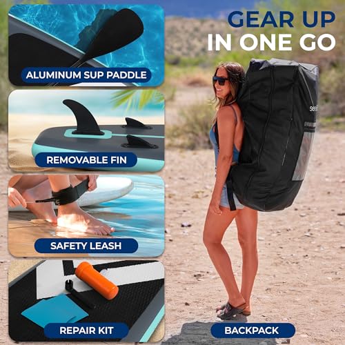 SereneLife Ultra-Light Inflatable Stand Up Paddle Board with Premium SUP Accessories - Extra Wide Stable Design with Non-S...