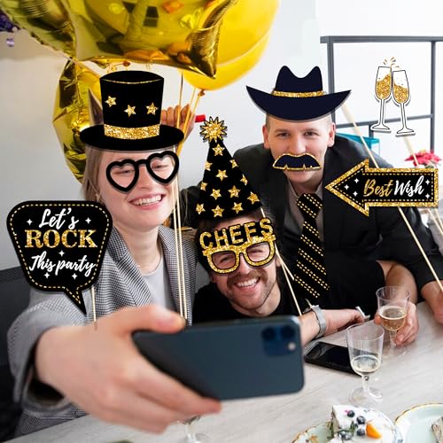 30 Pcs Black & Gold Birthday Photo Booth Props 2025 Party Photo Booth Props Birthday Decorations Backdrop Decorations for ...