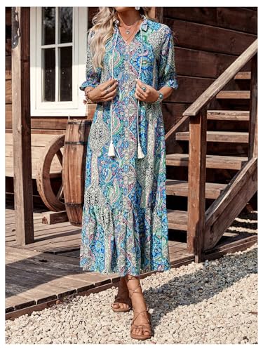 GORGLITTER Women's Paisley Print Boho Western Maxi Dress Ruffle 3/4 Sleeve Notch V Neck Vintage Ethnic Flowy Dresses