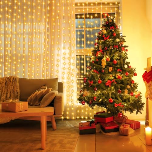 echosari 300 LED Curtain Lights, 9.8Ft x 9.8Ft USB Plug in Christmas Fairy Curtain Lights with Remote, Hanging String Ligh...