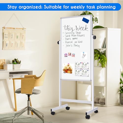 maxtek Rolling White Board, 48 x 24 Height Adjustable Whiteboard on Wheels, Large Magnetic Standing Mobile Easel Board, Do...