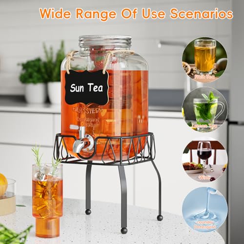 OneDream Glass Drink Dispenser for Parties, 1Gallon Beverage Dispenserd with Stand, Lemonade Dispenser with Stainless Stee...