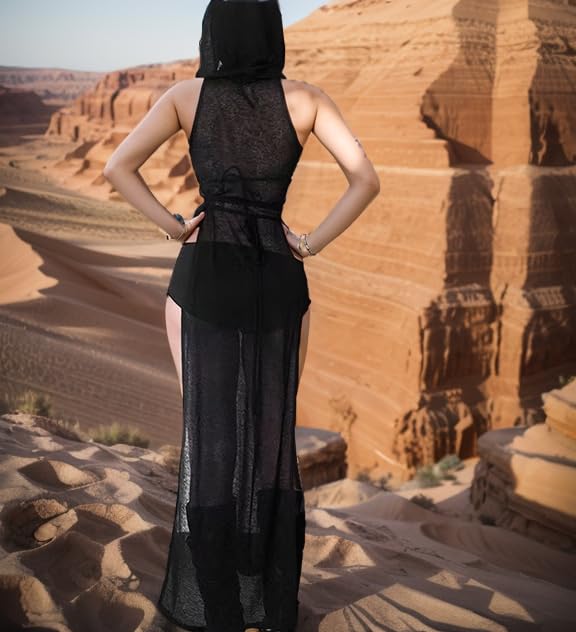 Women's Streetwear Rave Outfits High Slit Off Shoulder Hooded Dress Sexy Plunging Neckline Rave Swimsuit Cover Ups